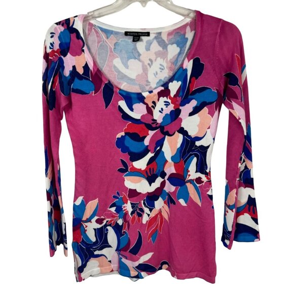 Boston Proper NWOT Floral Multicolor Oversized XS Lightweight Sweater Colorful - Picture 1 of 11